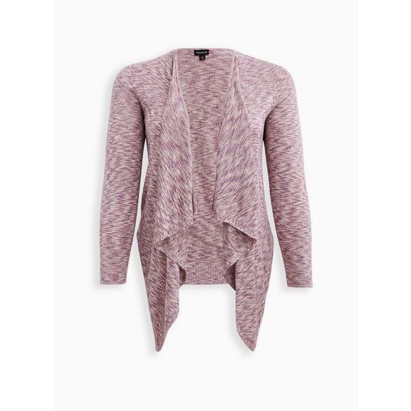 Torrid Space Dye Cardigan Drape Front Sweater in Oatmeal and Purple - Picture 5 of 9